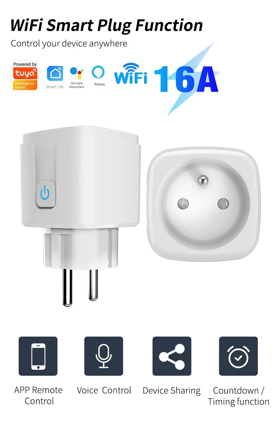 French Plug Tuya WiFi Smart Socket 16A Zigbee Smart Plug with Energy Monitor